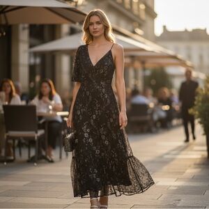 NWOT REVOLVE LOVERS & FRIENDS Floral One Shoulder Midi Dress Black Silver S